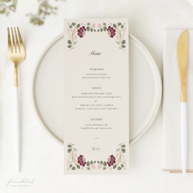 Menu Mariage Art Nouveau Floral Bourgogne (Burgundy Floral Art Nouveau Wedding Menu)