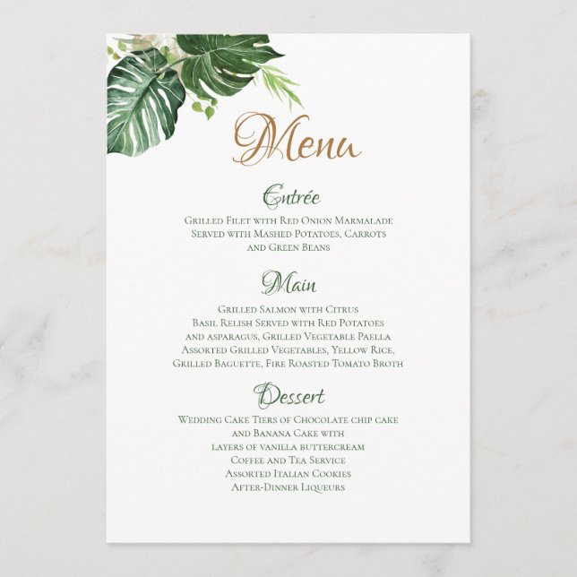 Menu Mariage artistique de feuilles de palmier vert tro (Devant)
