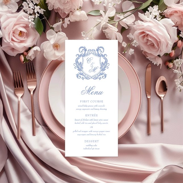 Menu Mariage au Blason de Monogramme Bleu Poussiéreux É (Créateur téléchargé)