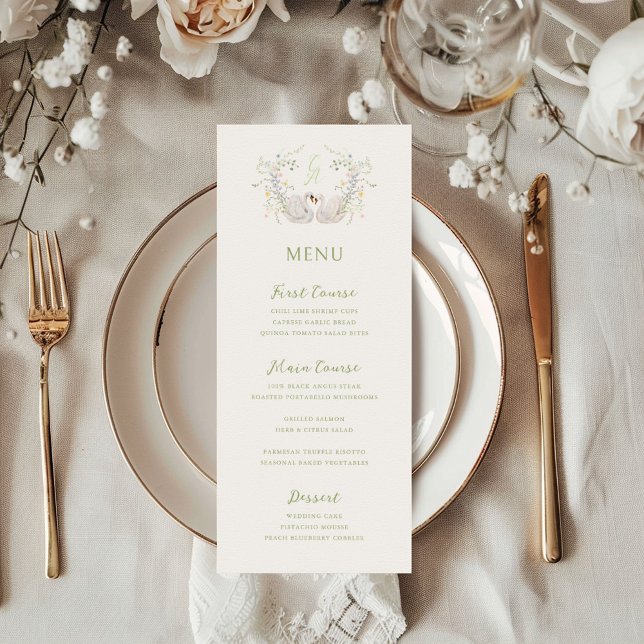 Menu Mariage au blason de monogramme floral de cygnes  (Créateur téléchargé)