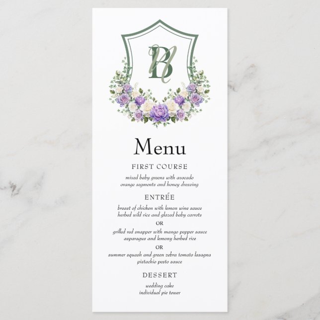 Menu Mariage au blason floral blanc violet (Devant)
