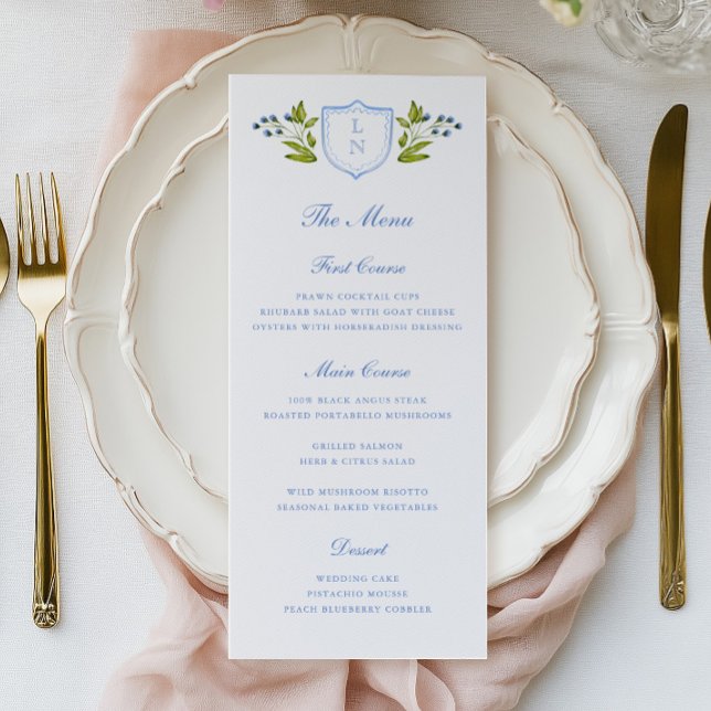 Menu Mariage au Blason Floral Bleu (Créateur téléchargé)