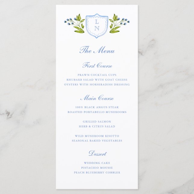 Menu Mariage au blason floral bleu (Devant)
