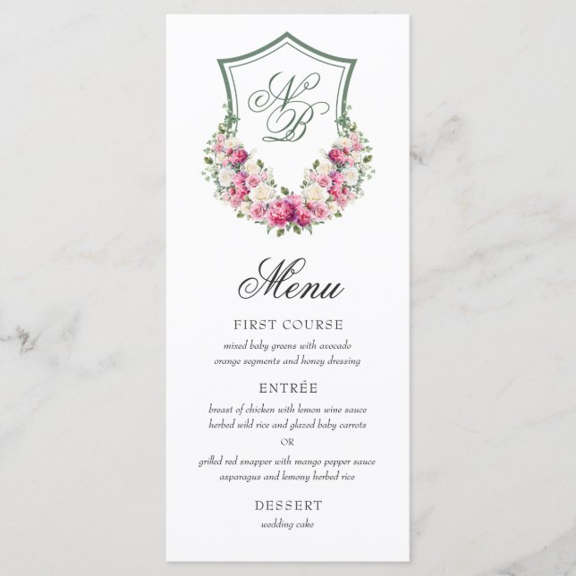 Menu Mariage au blason floral rose (Devant)