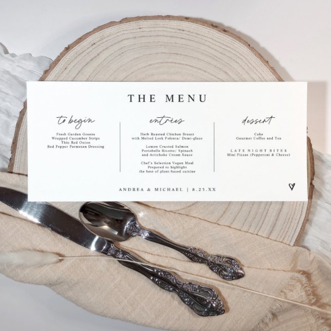 Menu Mariage au cœur de l'écriture manuscrite moderne h (Horizontal wedding menu with modern handwriting script and hand drawn heart - Black and white)