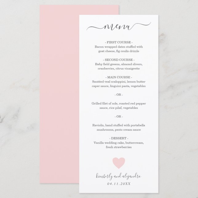 Menu Mariage au cœur rose mignon (Devant / Derrière)