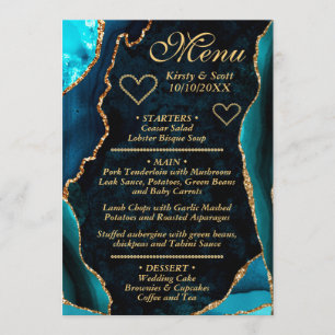 Menu Mariage au marbre d'agate paillettes sarcelle et o
