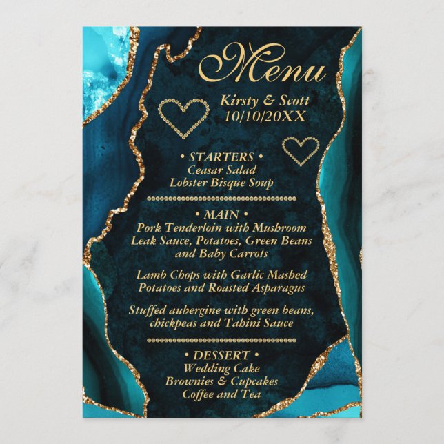 Menu Mariage au marbre d'agate paillettes sarcelle et o (Devant)