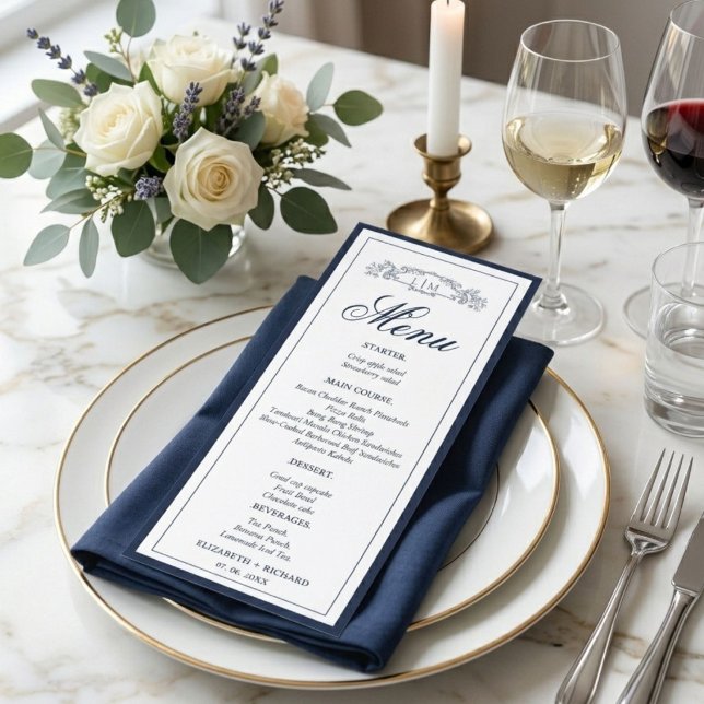 Menu Mariage au monogramme de blason botanique bleu mar (Créateur téléchargé)