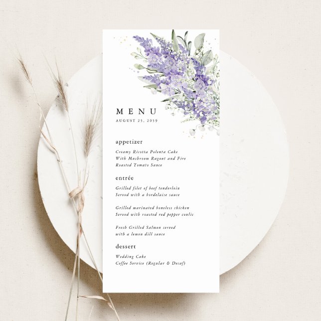Menu Mariage au thème floral lavande et vert sauge pour (Lavender sage green floral wedding menu card, elegant reception menu with watercolor flowers)