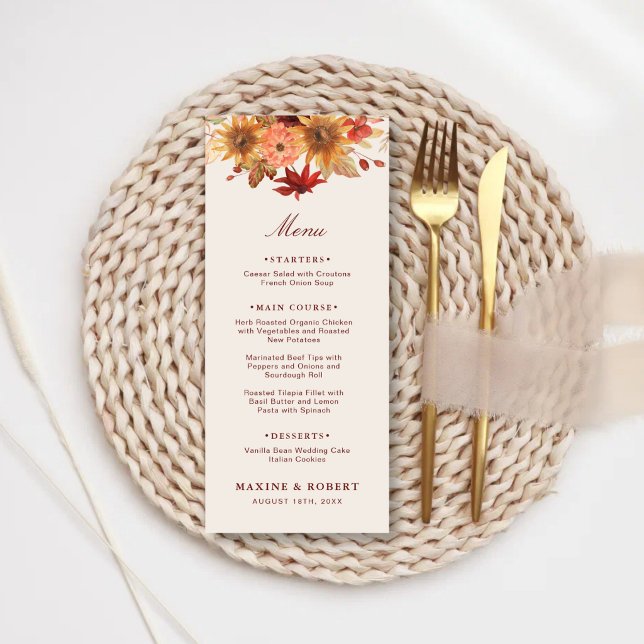 Menu Mariage Automnal Élégant avec Feuilles d'Automne (Elegant fall leaves autumn wedding menu with warm seasonal charm.)