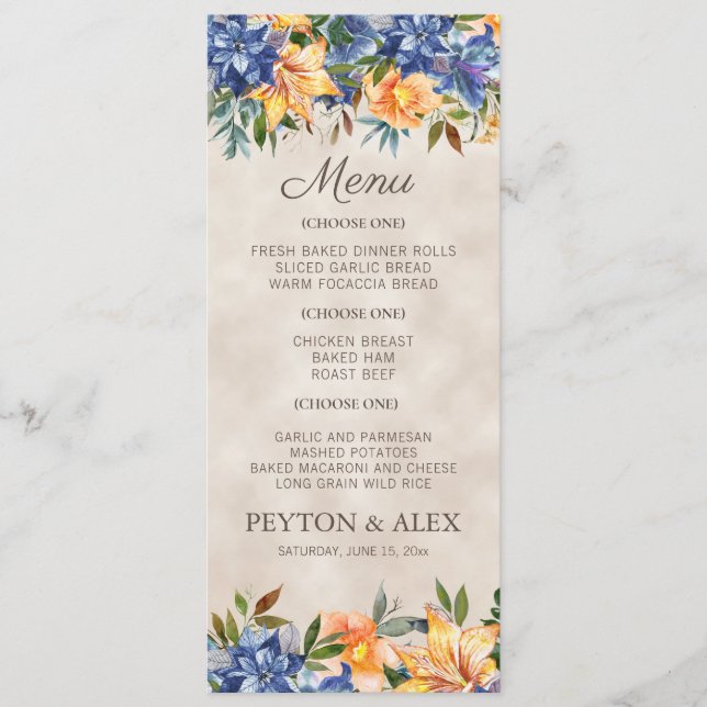 Menu Mariage automnal floral orange bleu  (Devant)