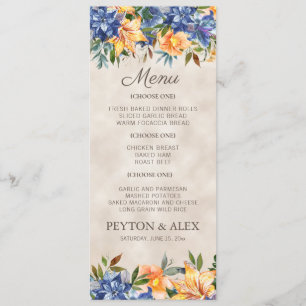 Menu Mariage automnal floral orange bleu