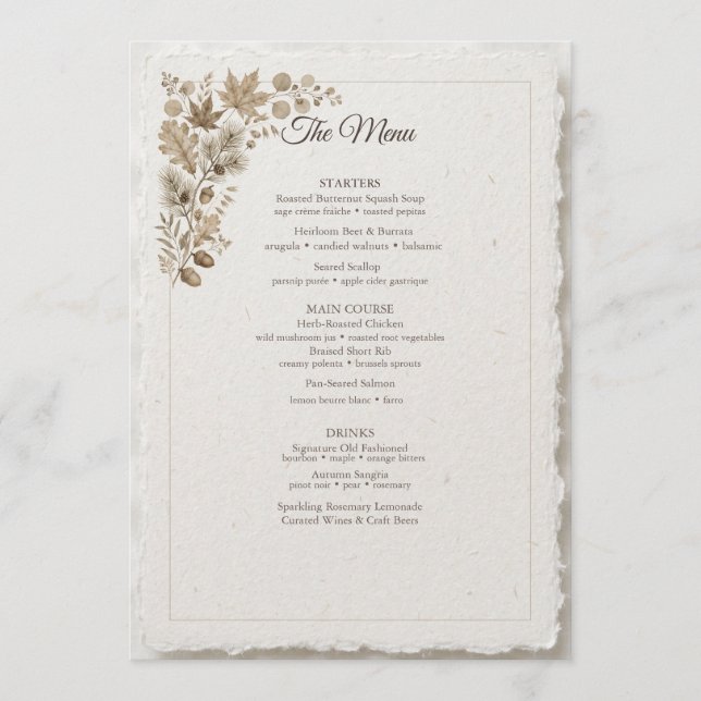 Menu Mariage Automne Érable Taupe Coton (Devant)