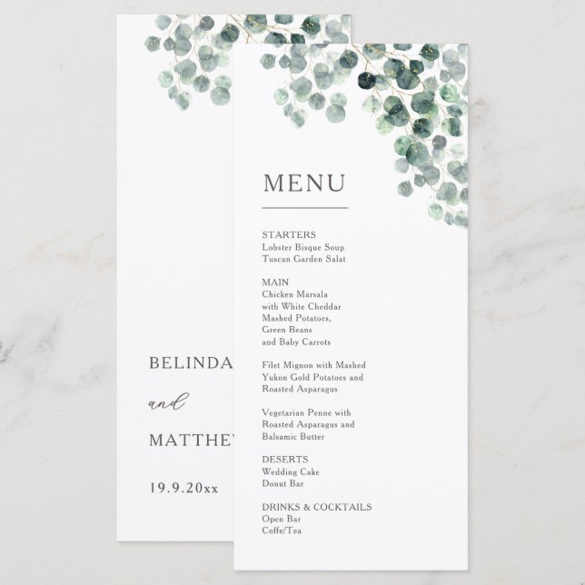 Menu Mariage aux feuilles d'eucalyptus aquarelle (Devant / Derrière)