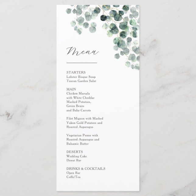 Menu Mariage aux feuilles d'eucalyptus aquarelle (Devant)