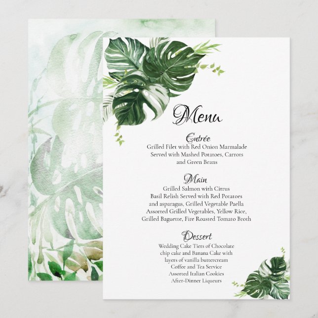 Menu Mariage aux Feuilles Vertes Tropicales de Monstera (Devant / Derrière)