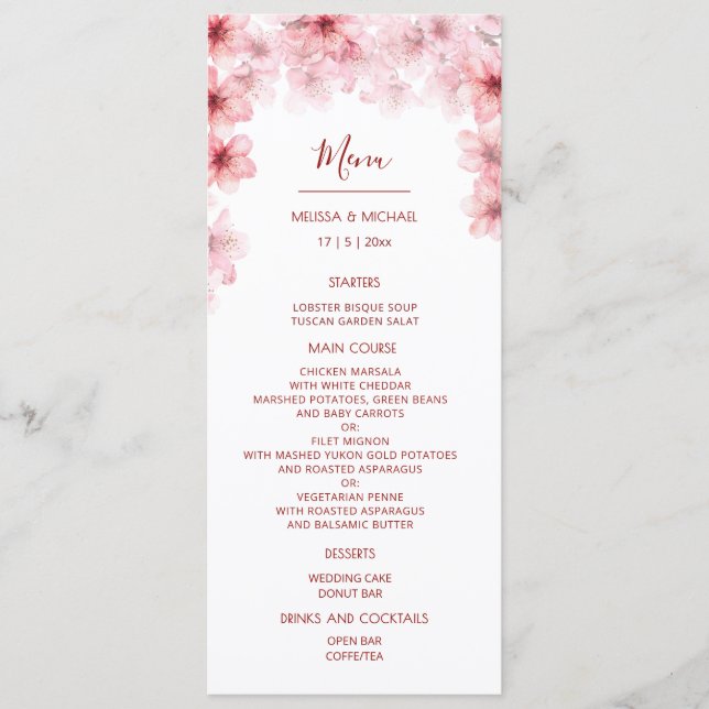 Menu Mariage aux fleurs de cerisier à l'aquarelle (Devant)