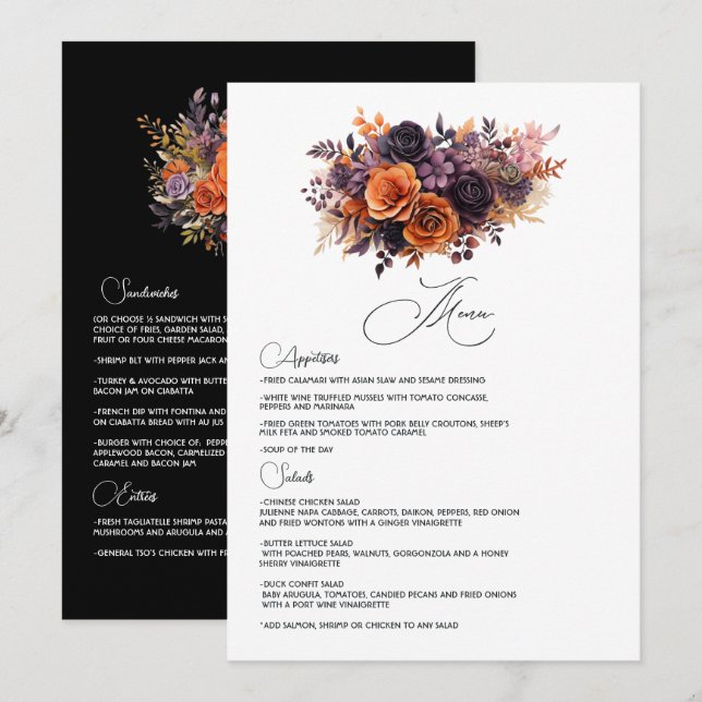 Menu Mariage aux Fleurs Orange Brûlé, Violet Foncé et N (Devant / Derrière)