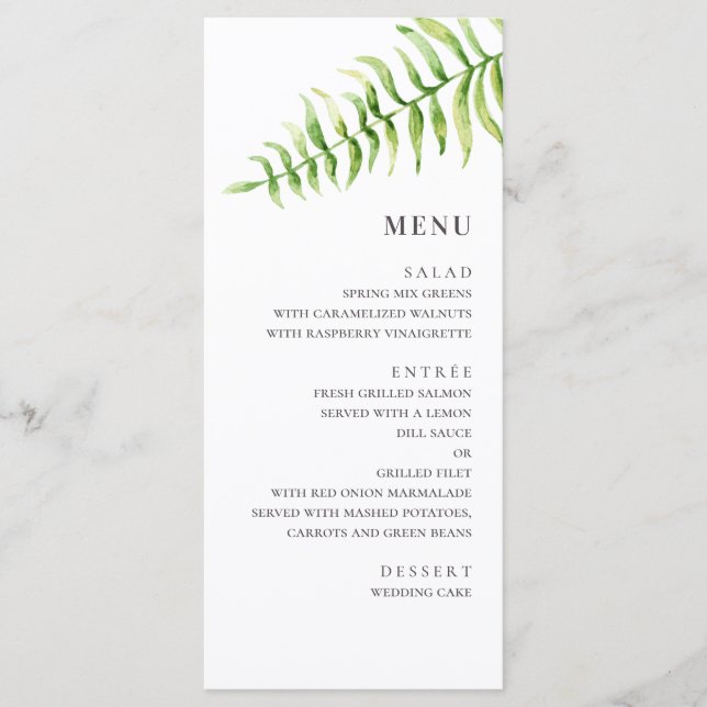 Menu Mariage aux fougères à l'aquarelle. Botanique de v (Devant)