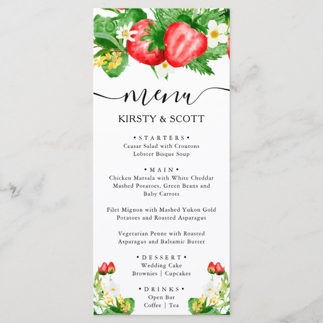 Menu Mariage aux fraises et fleurs blanches à l'aquarel (Devant)