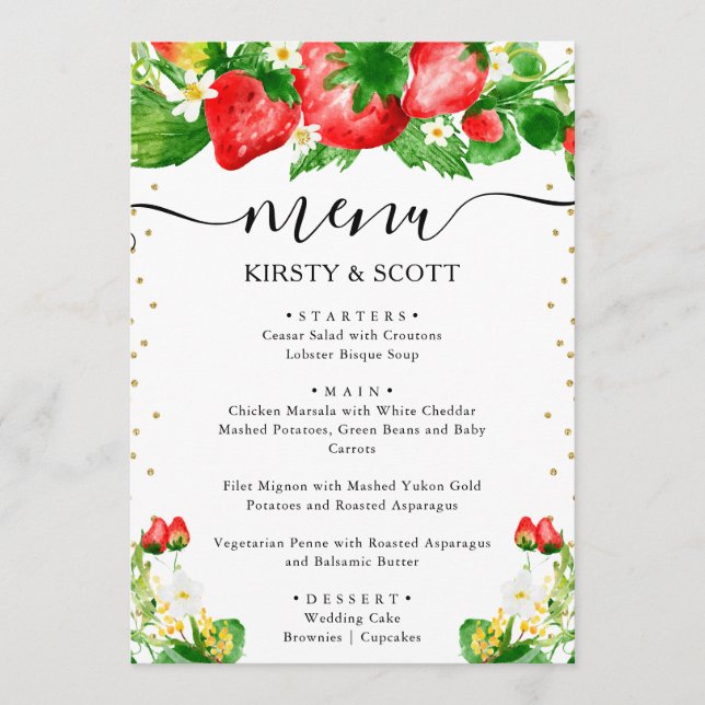Menu Mariage aux fraises et fleurs blanches à l'aquarel (Devant)