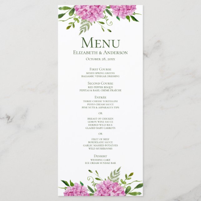 Menu Mariage aux Hortensias Roses (Devant)