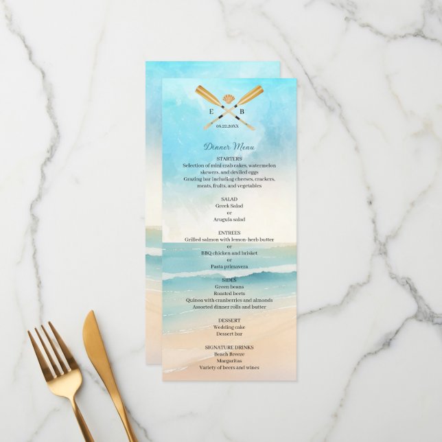 Menu Mariage aux rames de plage à l'aquarelle (Devant/Arrière en situation)