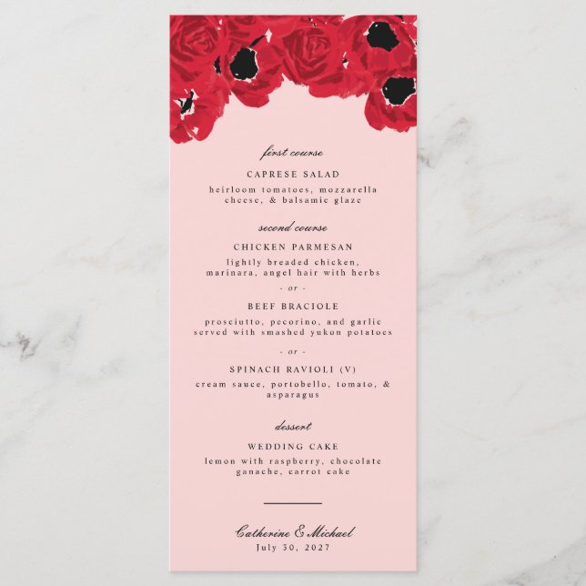 Menu Mariage aux roses abstraites et coquelicots (Devant)