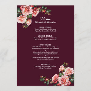 Menu Mariage aux roses roses rouges et roses burgundy s