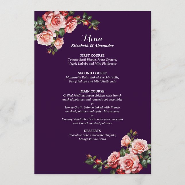 Menu Mariage aux roses roses rouges et roses foncées hu (Devant)