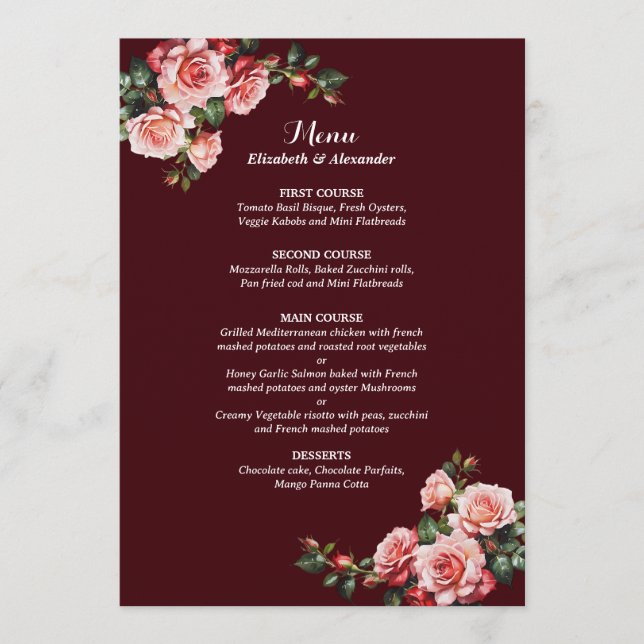 Menu Mariage aux roses roses rouges et roses foncés mar (Devant)