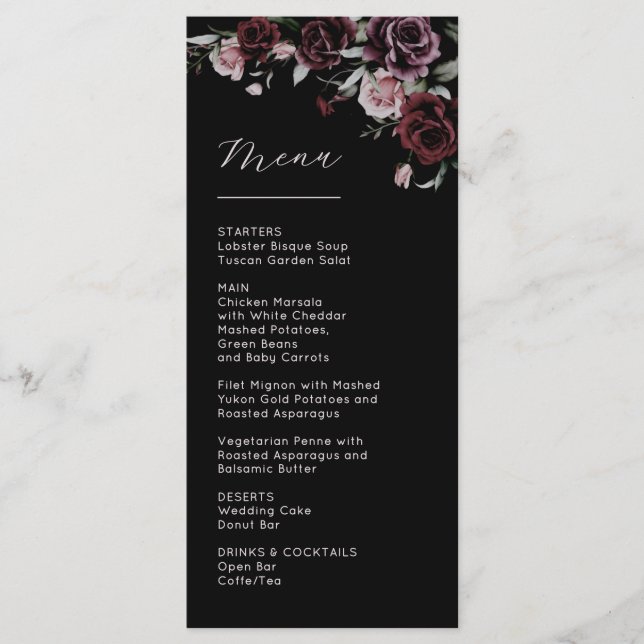 Menu Mariage aux Roses Sombres et Maussades (Devant)