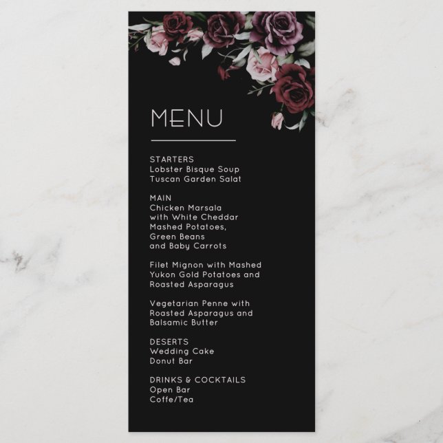 Menu Mariage aux Roses Sombres et Maussades (Devant)