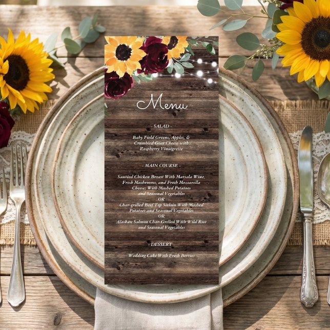 Menu Mariage aux tournesols rustiques et roses (Créateur téléchargé)