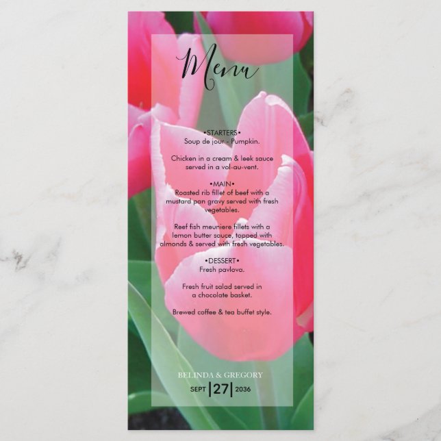 Menu Mariage aux Tulipes Roses Élégantes (Devant)