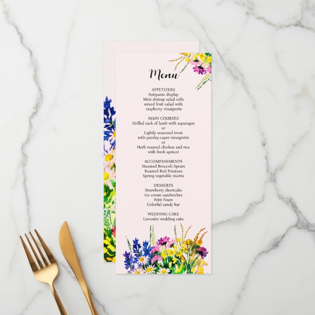 Menu mariage avec fleurs d'été (Devant/Arrière en situation)