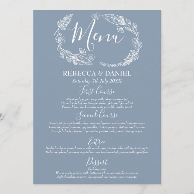 Menu Mariage avec guirlande florale rustique dessinée à (Devant)