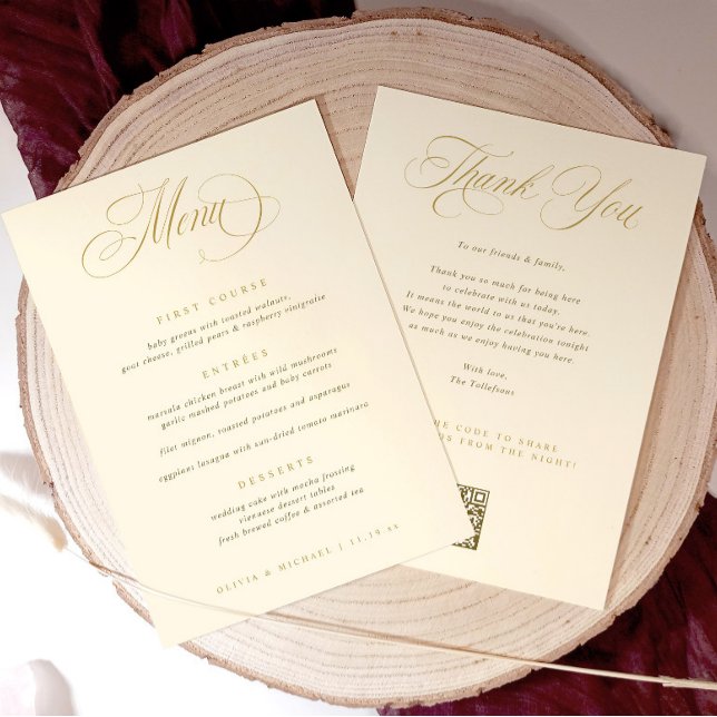 Menu mariage avec Merci Gold (Elegant wedding menu with thank you on the back and qr code to upload photos for photo sharing.)