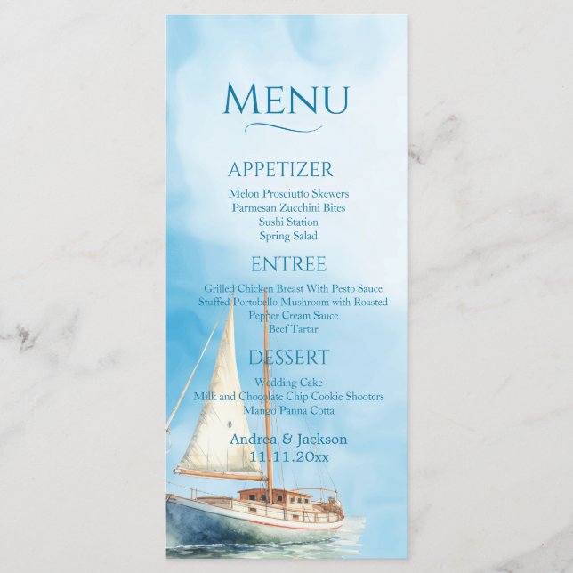 Menu Mariage bateau à voile Watercolor (Devant)