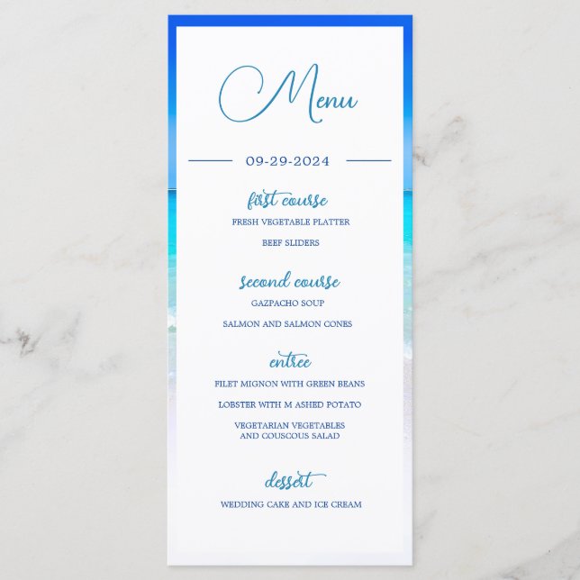Menu Mariage Beach Mer Bleu Océan Été Monogramme (Devant)