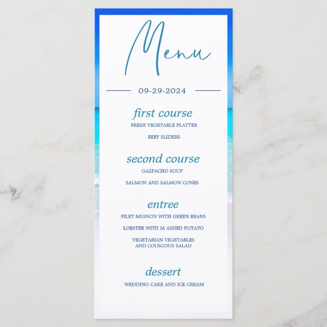 Menu Mariage Beach Océan Bleu Mer Été Monogramme (Devant)