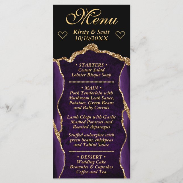 Menu Mariage Bille d'agate Pailletée de Violet et d'Or (Devant)