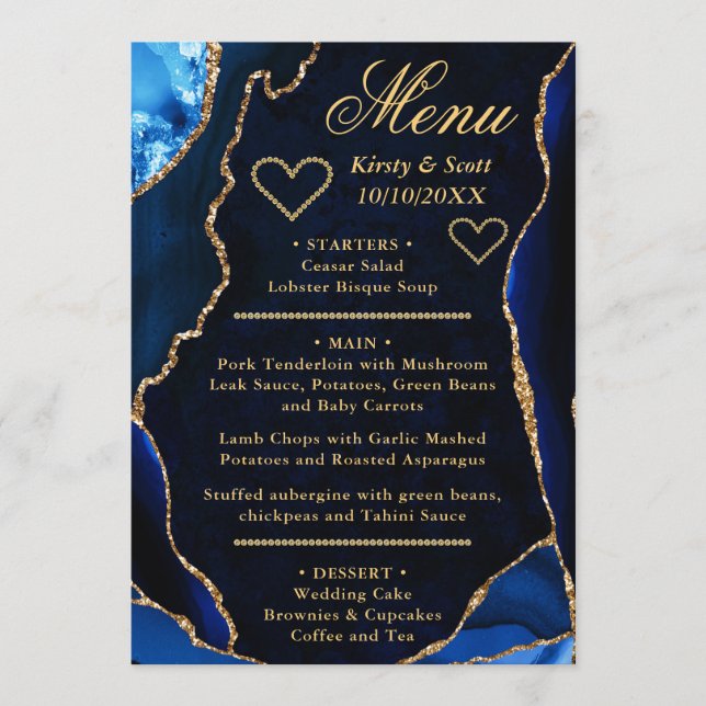 Menu Mariage Bille de Nacre Pailletée Bleue et Or (Devant)