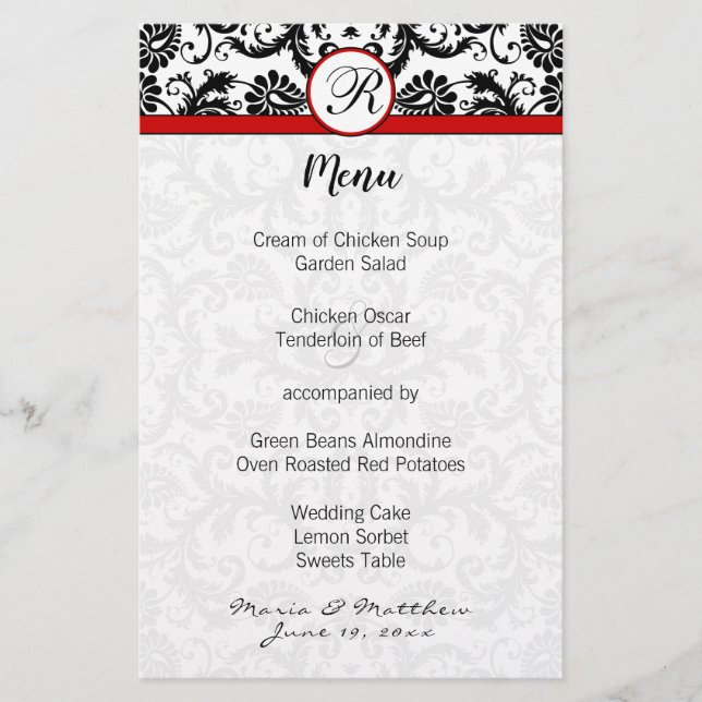 Menu Mariage Black Damask Red Trim (Devant)