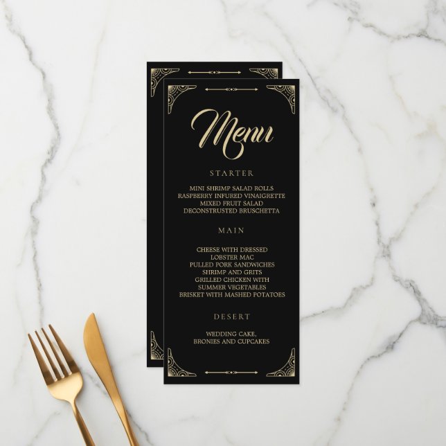 Menu mariage Black Elegant Deco Gold Retro (Devant/Arrière en situation)