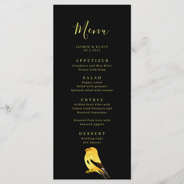 Menu Mariage Black With Gold Birds (Devant)
