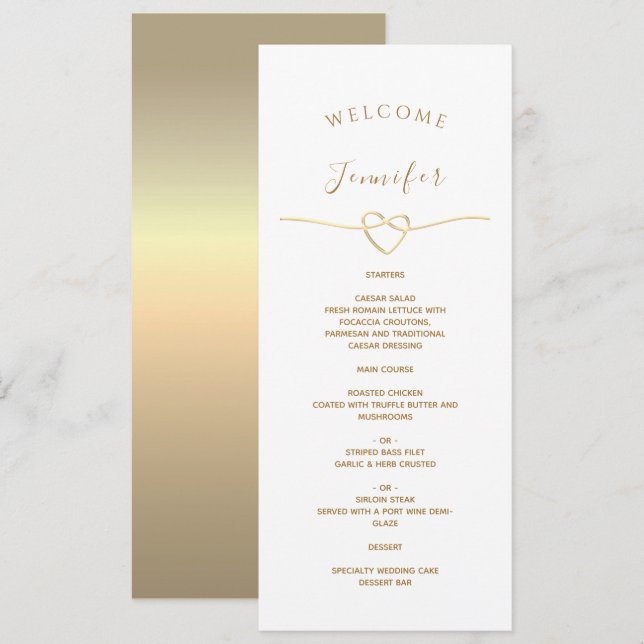 Menu Mariage Blanc avec Nom & Cœur Doré (Devant / Derrière)