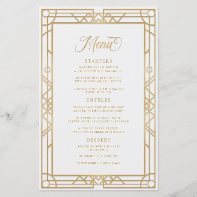 Menu Mariage blanc de cadre d'or géométrique antiq (Devant)