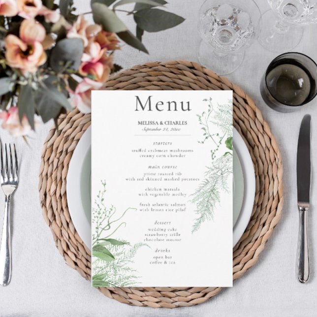 Menu Mariage blanc de feuillage vert de fougère rustiqu (Créateur téléchargé)